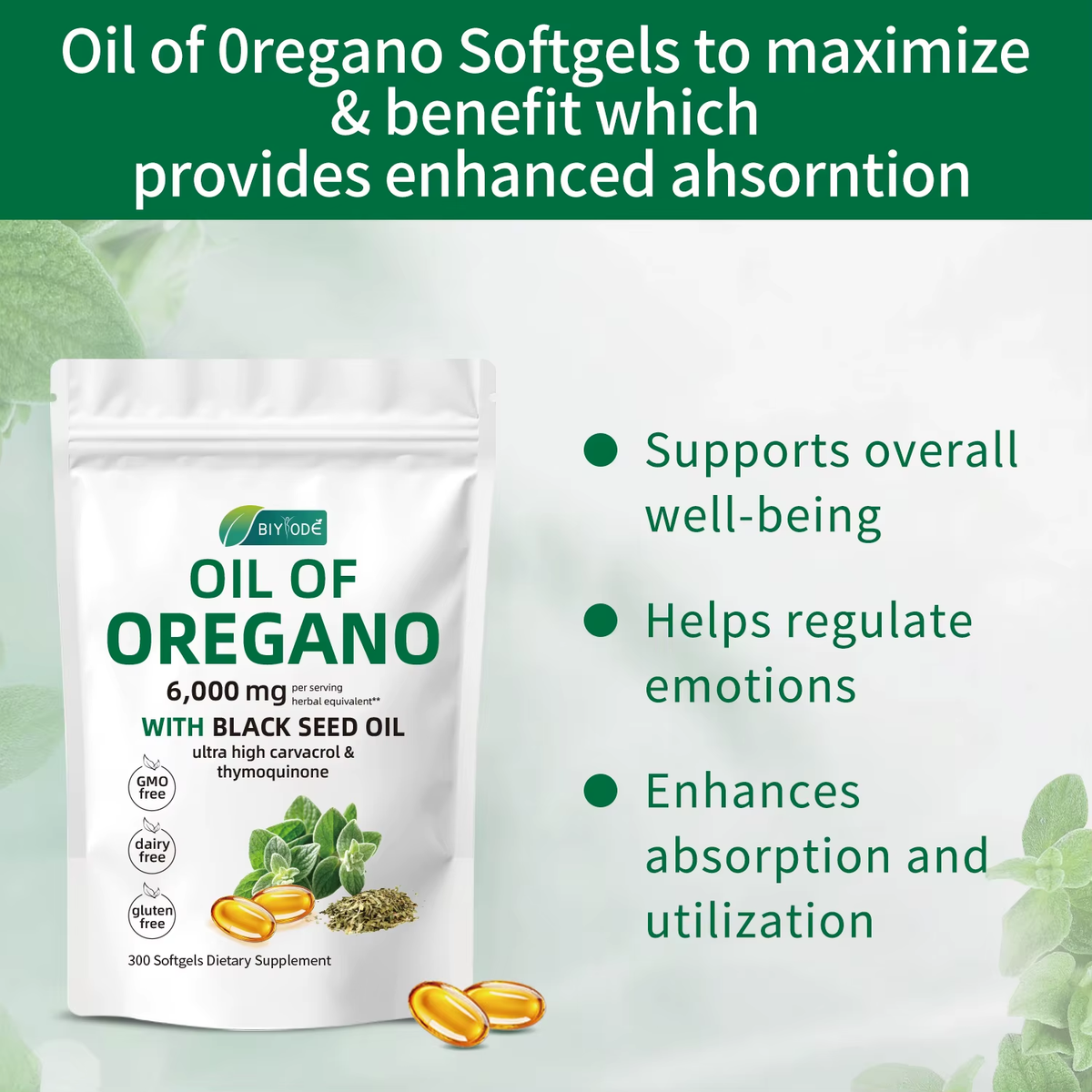 Oil of Oregano 300 Softgels 6000Mg per Serving with Black Seed Oil - Natural Antioxidants for Fitness Nutritional Support