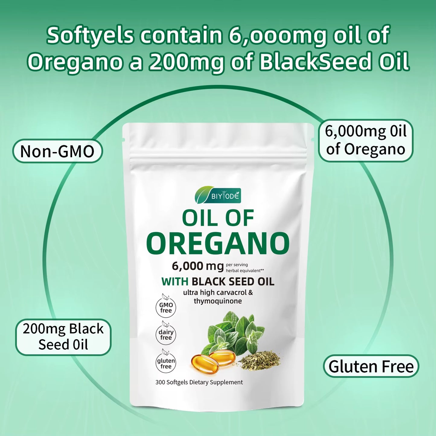 Oil of Oregano 300 Softgels 6000Mg per Serving with Black Seed Oil - Natural Antioxidants for Fitness Nutritional Support