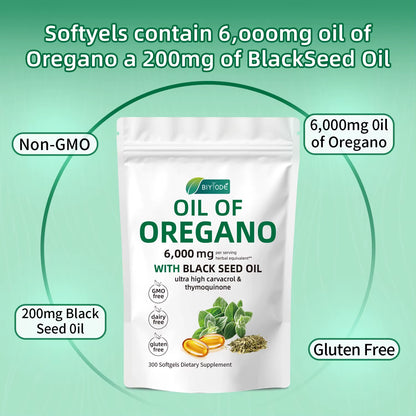 Oil of Oregano 300 Softgels 6000Mg per Serving with Black Seed Oil - Natural Antioxidants for Fitness Nutritional Support